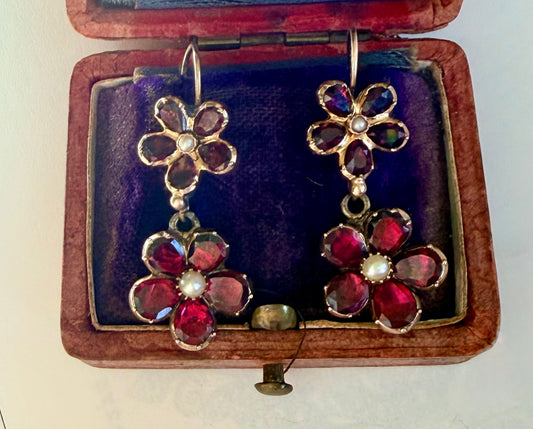 Georgian Garnet Pansy & Pearl Earrings