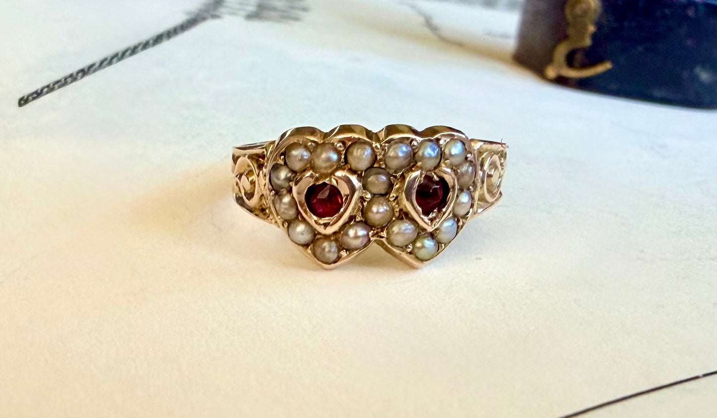 Victorian Garnet & Pearl Double Heart Sweethearts Ring