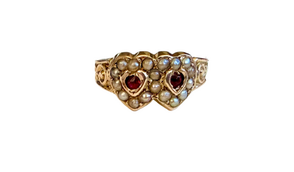 Victorian Garnet & Pearl Double Heart Sweethearts Ring