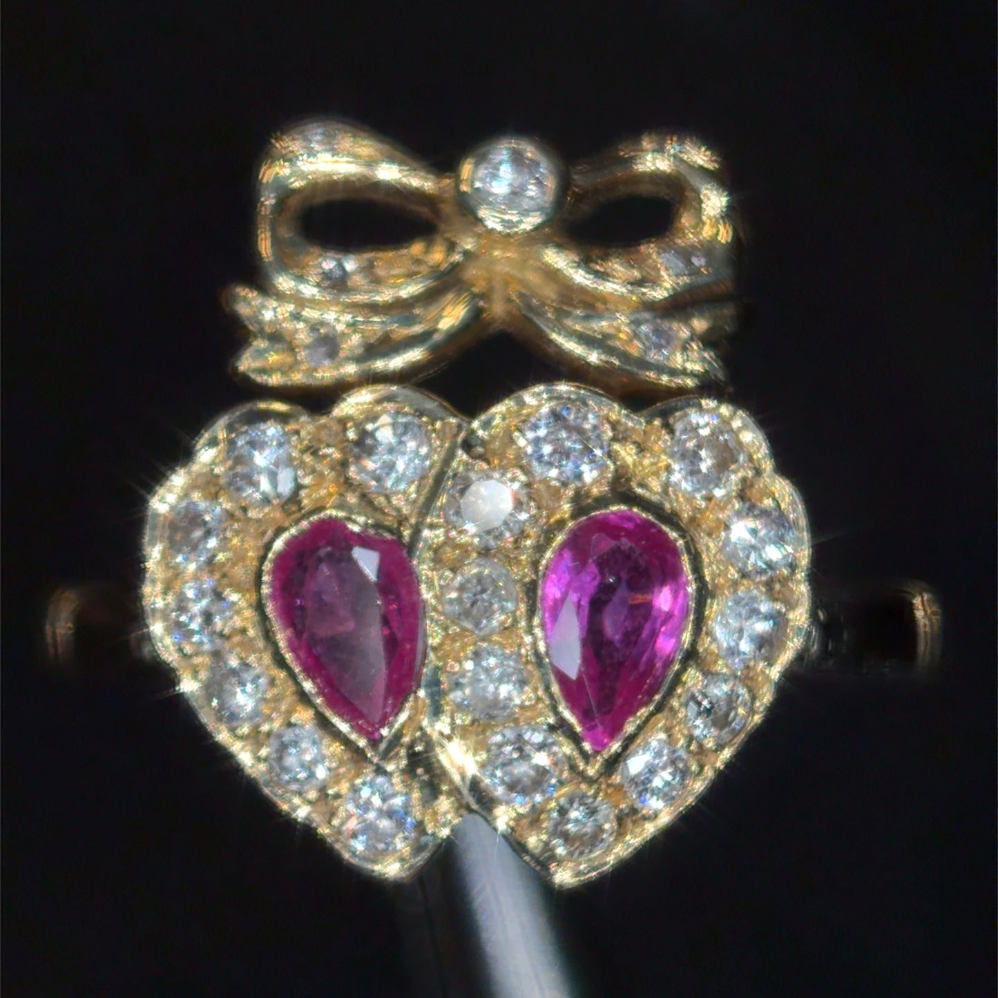 The Flaming Hearts Ring ~ Victorian Style Pink Sapphire Crowned Double Heart Ring