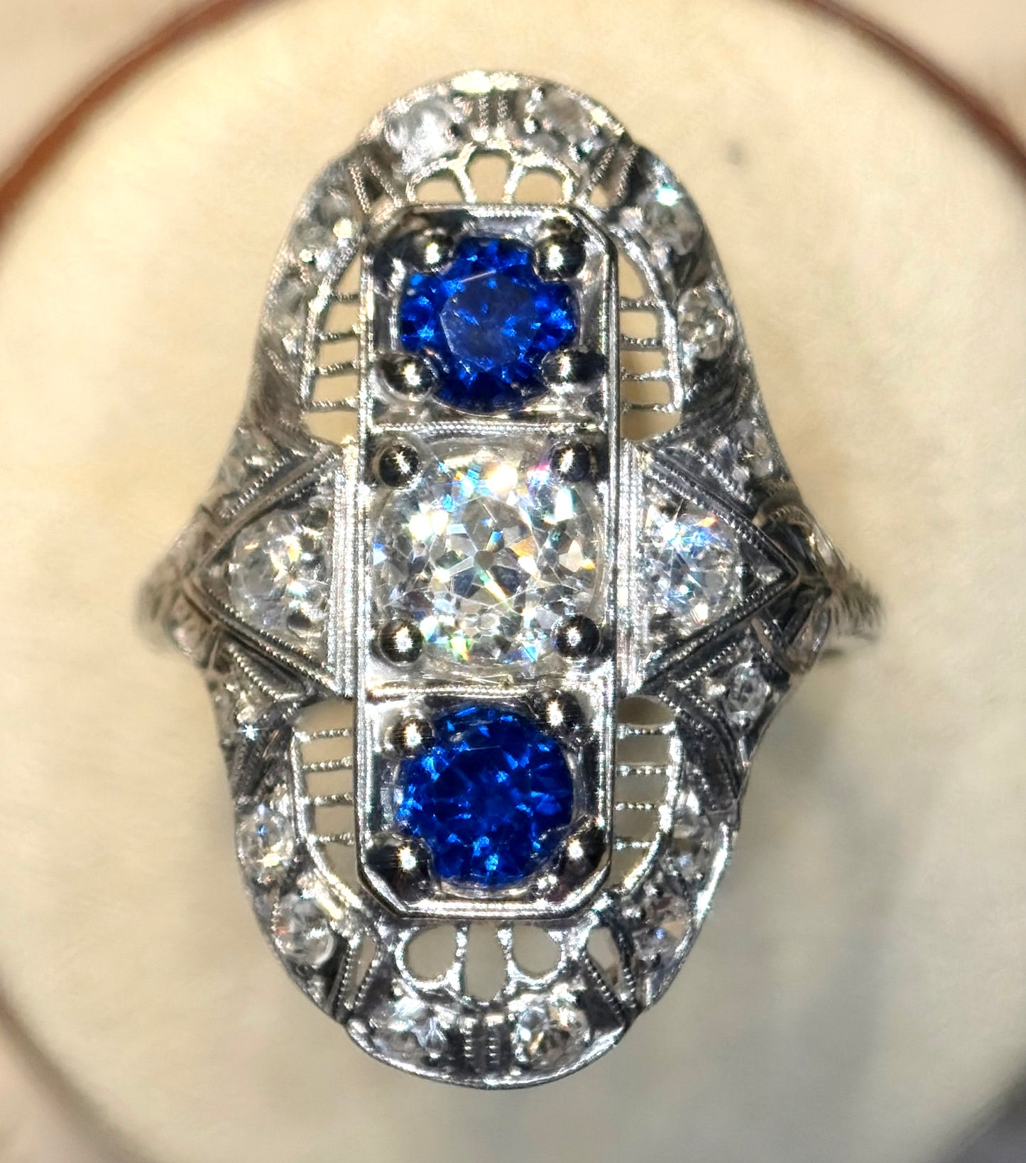 The Zelda ~ Art Deco Platinum Old Cut Diamond & Sapphire Shield Ring