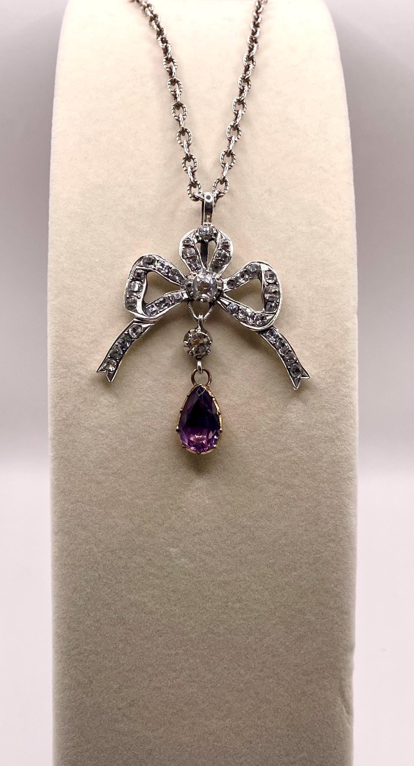 The Marie ~ Antique Georgian Silver Diamond Paste & Amethyst Paste Whimsical Sweet Bow Necklace with Chain