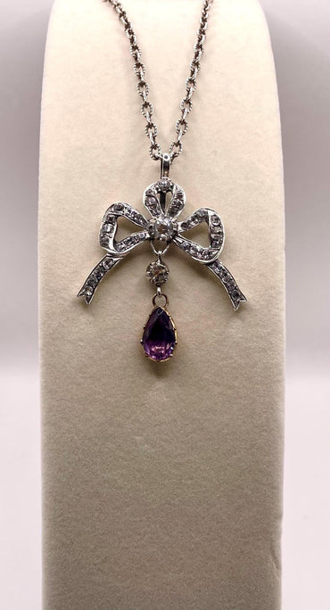 The Marie ~ Georgian Diamond Paste & Amethyst Paste Silver Bow Necklace