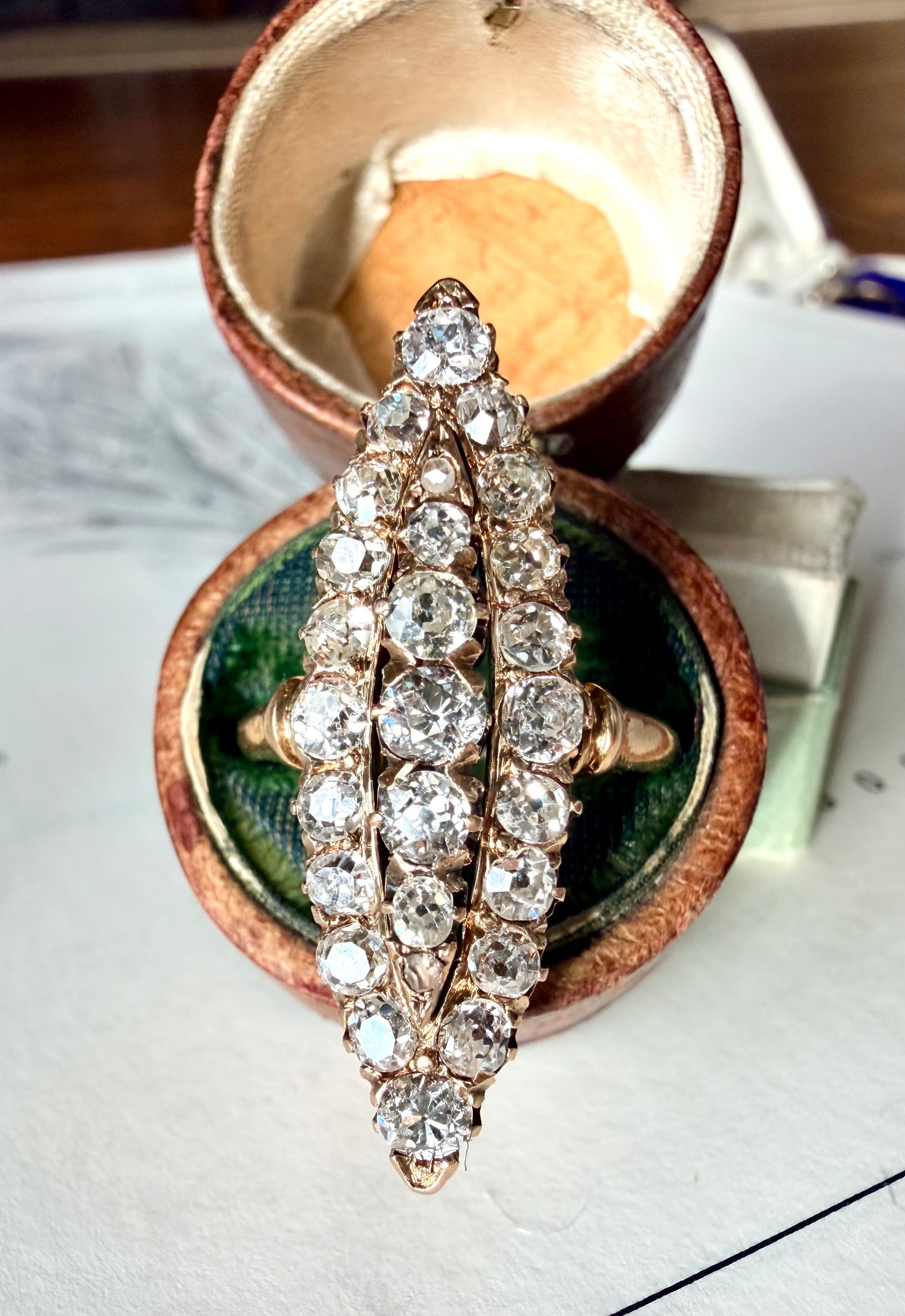 Old Mine Cut Diamond Navette Ring