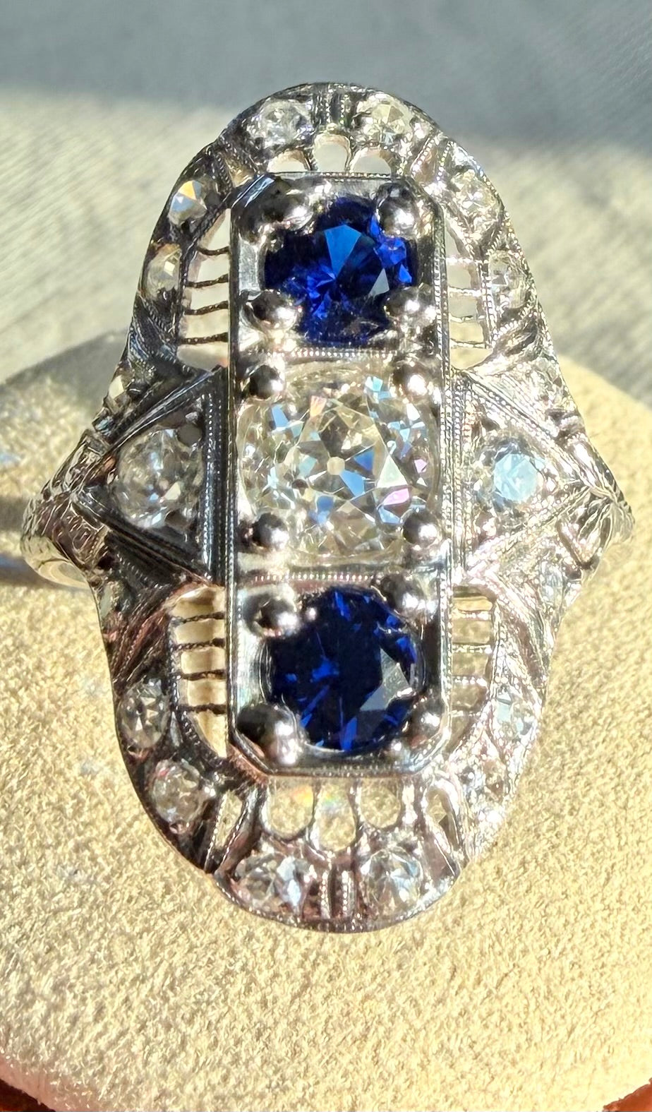 The Zelda ~ Art Deco Platinum Old Cut Diamond & Sapphire Shield Ring