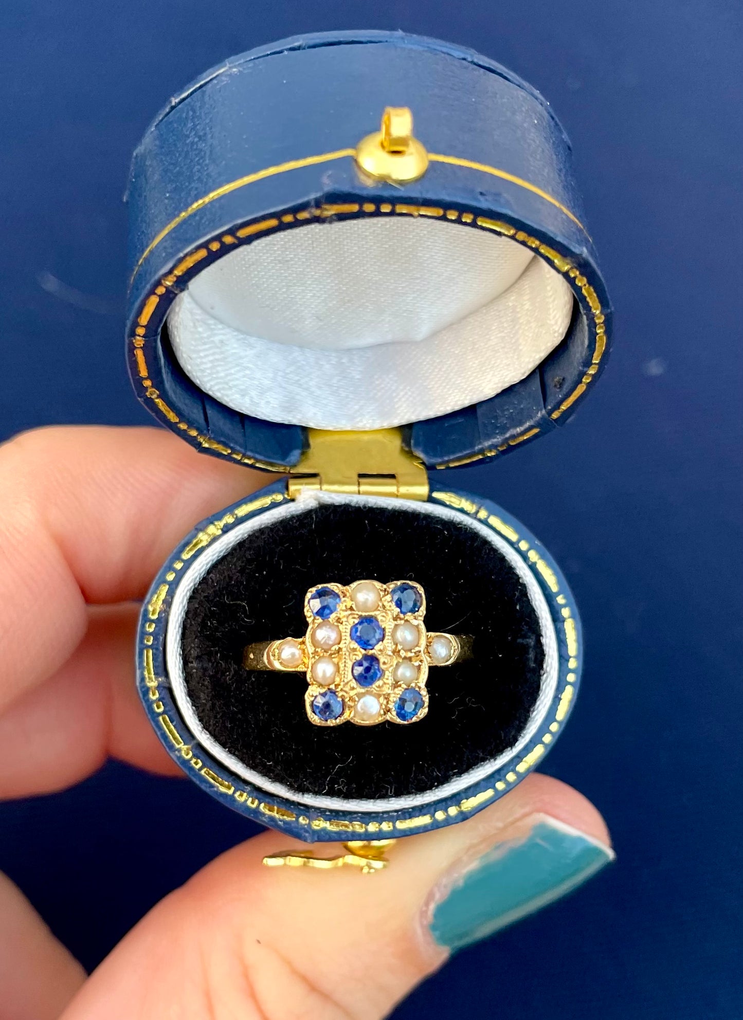 Edwardian 18k Gold Sapphire & Pearl Checkerboard Ring