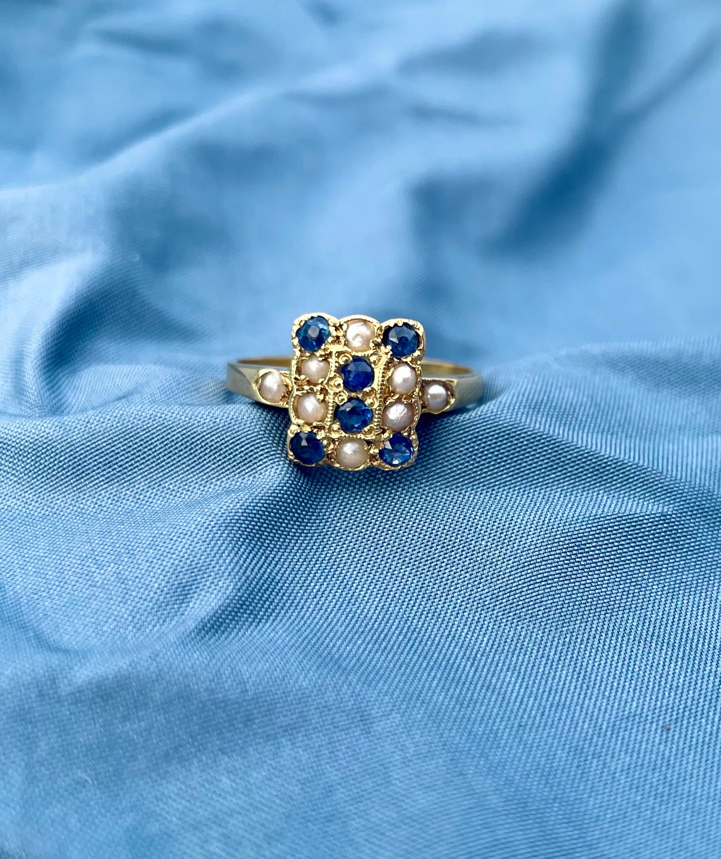 Edwardian 18k Gold Sapphire & Pearl Checkerboard Ring