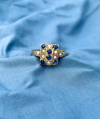 Edwardian 18k Gold Sapphire & Pearl Checkerboard Ring