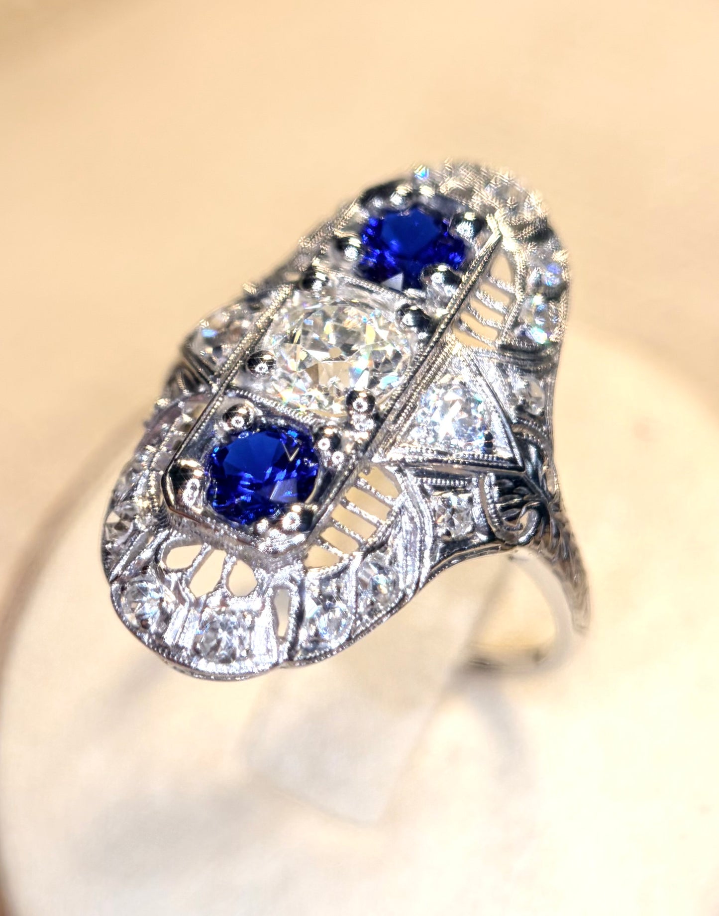 The Zelda ~ Art Deco Platinum Old Cut Diamond & Sapphire Shield Ring