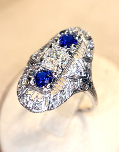The Zelda ~ Art Deco Platinum Old Cut Diamond & Sapphire Shield Ring