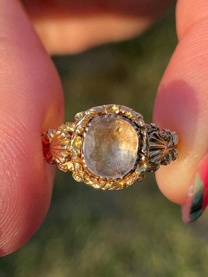 The Georgiana ~ Stunning Georgian Rock Crystal Ring - Extraordinary Antique 18th Century 14k Gold Ornate Ring sz 9