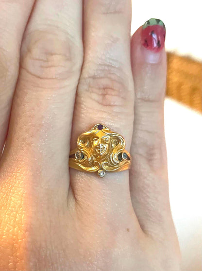 The Goddess ~ Art Noveau Antique Ruby & Diamond Woman’s Head Ring 10k Yellow Gold