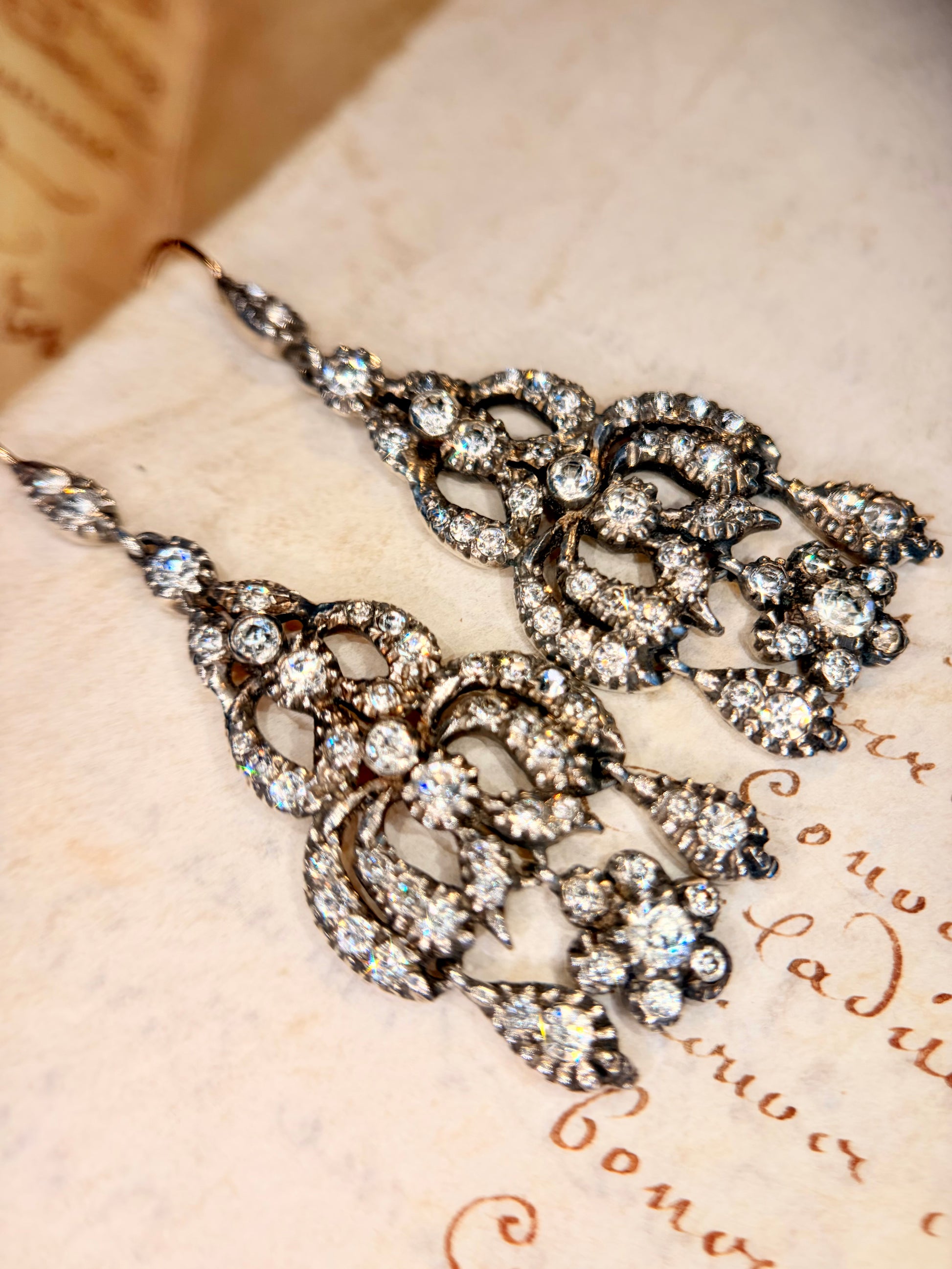 The Midnight Garden Earrings ~ Early Victorian Gold & Silver Diamond Paste Girandole Earrings