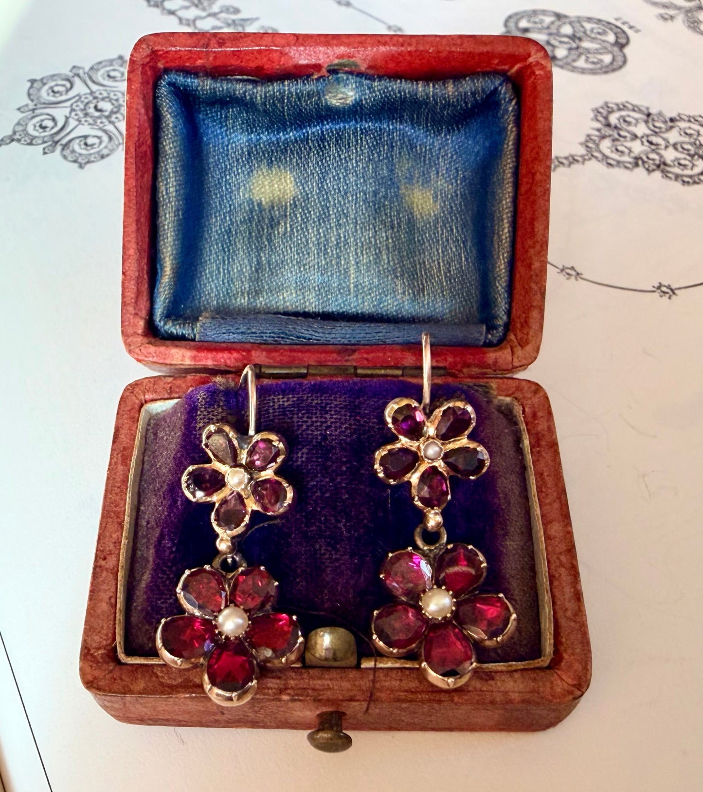 Georgian Garnet Pansy & Pearl Earrings