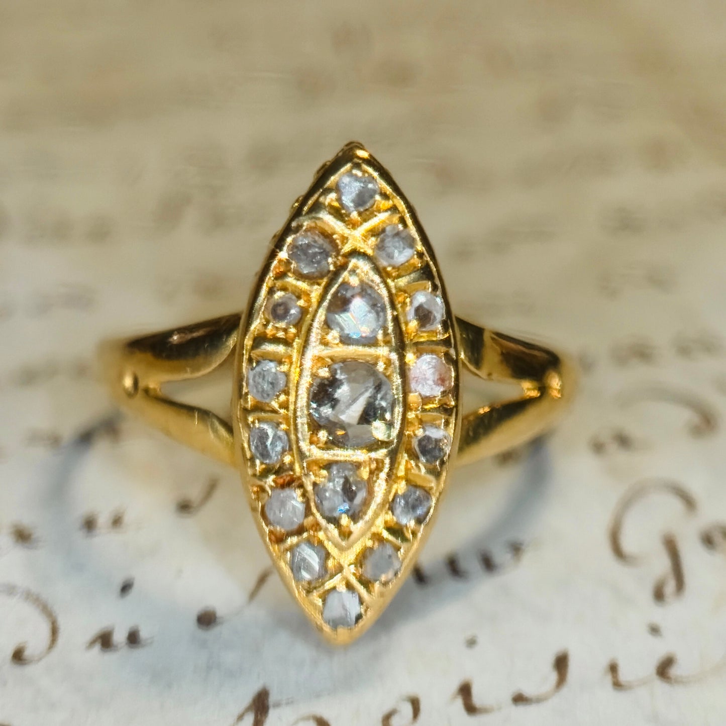 The Grey Lady ~ Victorian Rose Cut Diamond Navette Dress Ring
