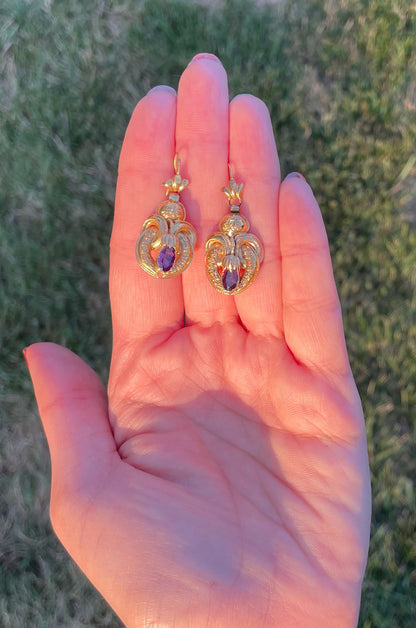 Victorian Etruscan Revival Rhodolite Garnet 18k Gold Earrings