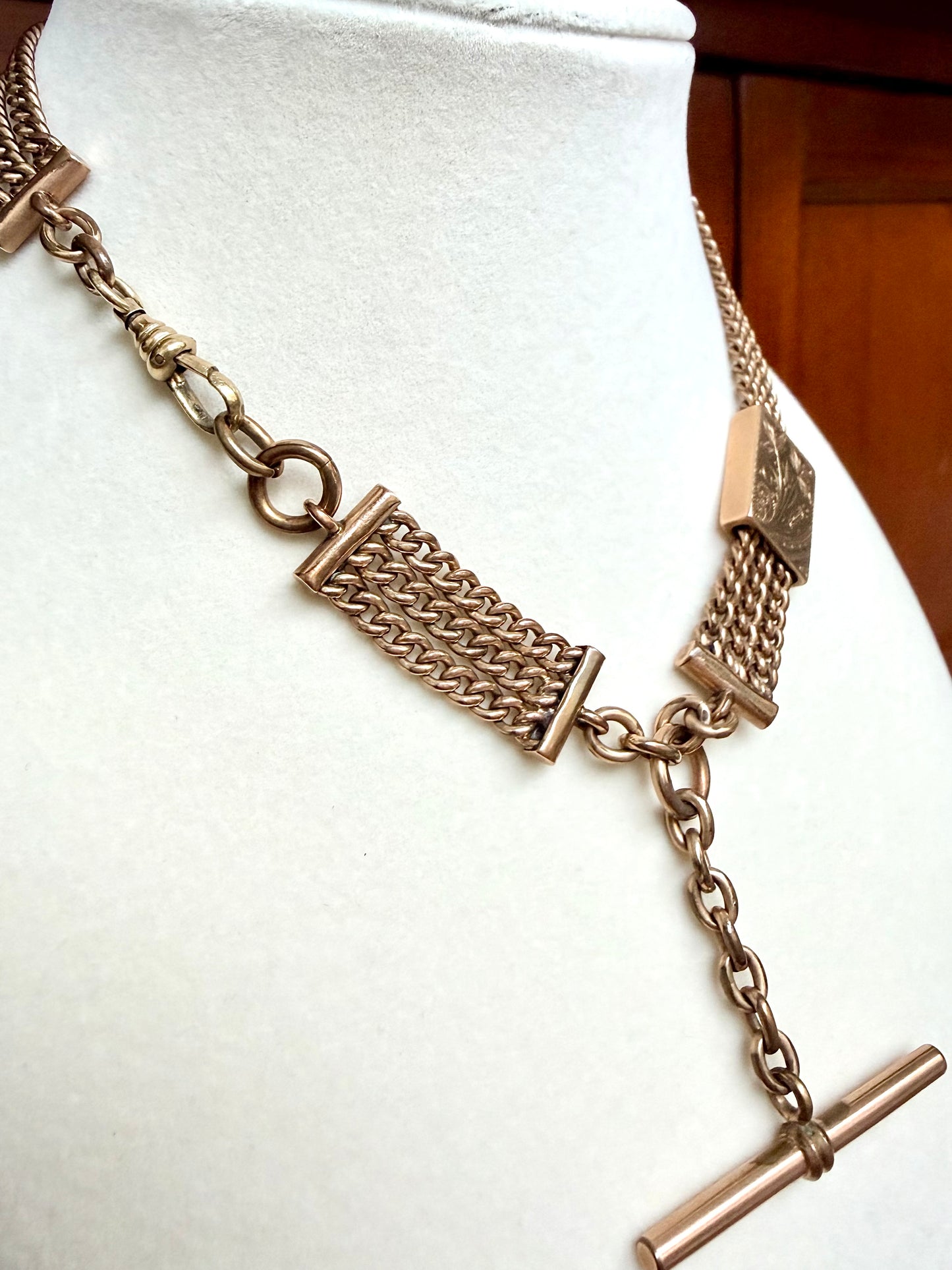 Late Victorian Watch Chain with 10k Gold Hand-Chased Slide