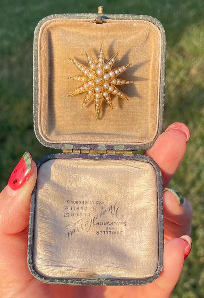 The Luna ~ Lovely Antique Victorian Split Pearl 18 ct & 15ct Yellow Gold Star Starburst Brooch/Pendant