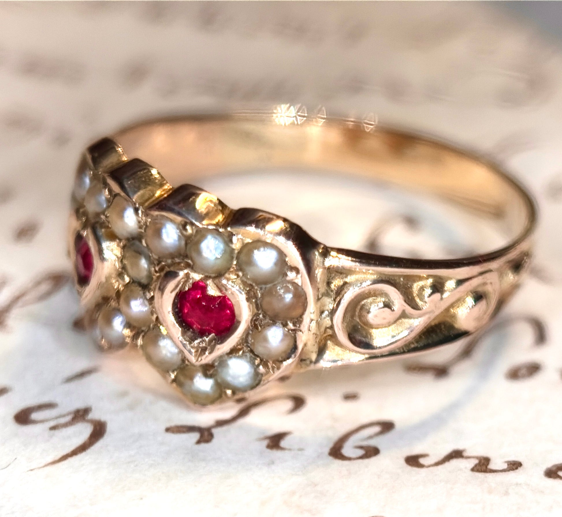 The Sweethearts ~ Victorian Garnet & Pearl Double Heart Ring