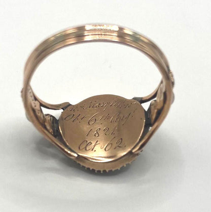 Antique Georgian Mourning Ring - Early 19th Century Gold Color Ring with Pearls, Hair, Gems, and Inscription