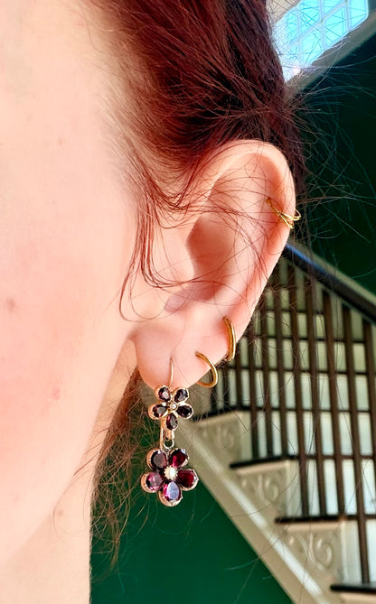 Georgian Garnet Pansy & Pearl Earrings