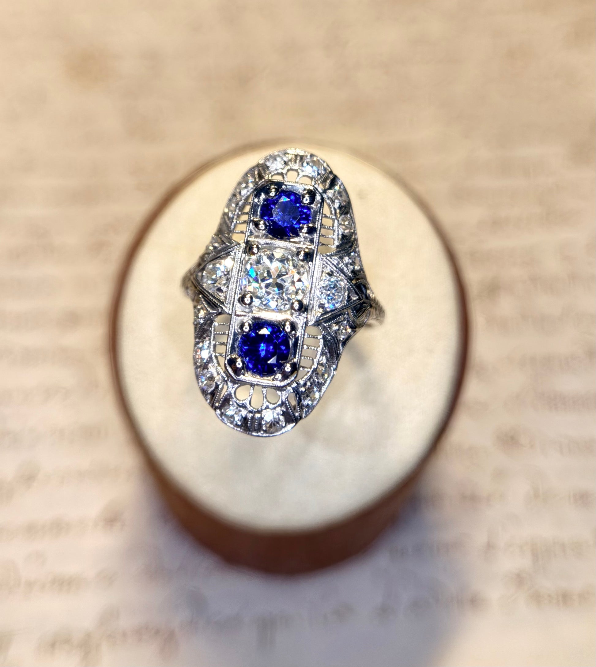 The Zelda ~ Art Deco Platinum Old Cut Diamond & Sapphire Shield Ring