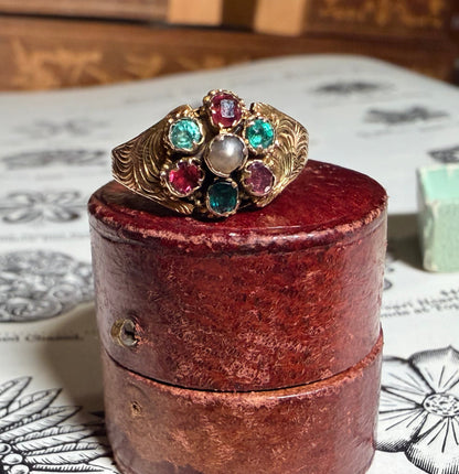 The Christmas Ring ~ Georgian Gold Garnet, Emerald, Pearl, & Paste Cluster Ring