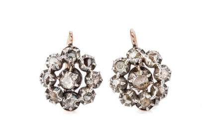 Georgian Rose Cut Diamond Dormeuse Cluster Earrings