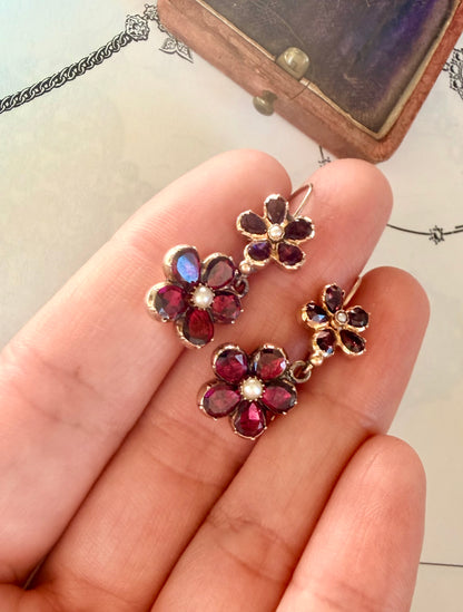 Georgian Garnet Pansy & Pearl Earrings
