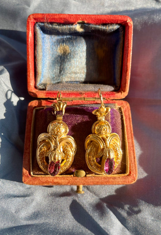 Victorian Etruscan Revival Rhodolite Garnet 18k Gold Earrings