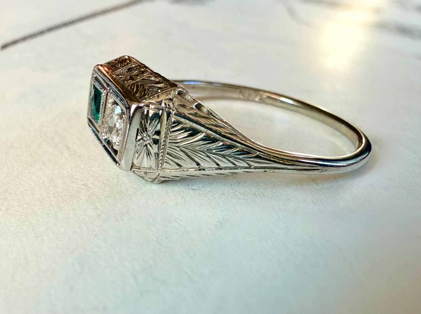Art Deco Toi et Moi Emerald & Diamond 18k White Gold Ring