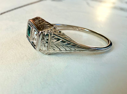 Art Deco Toi et Moi Emerald & Diamond 18k White Gold Ring