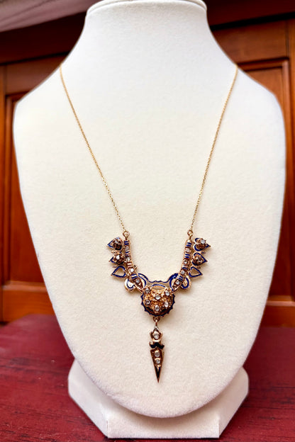 Victorian Rose Gold & Enamel Rose Cut Diamond Necklace