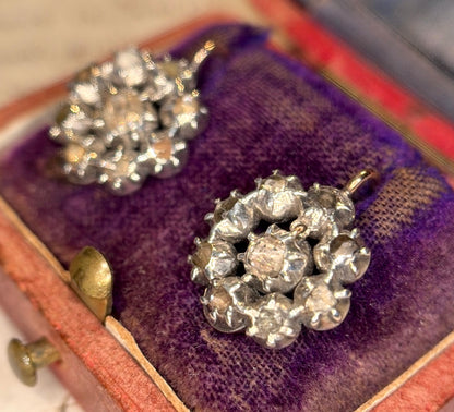 Georgian Rose Cut Diamond Dormeuse Cluster Earrings