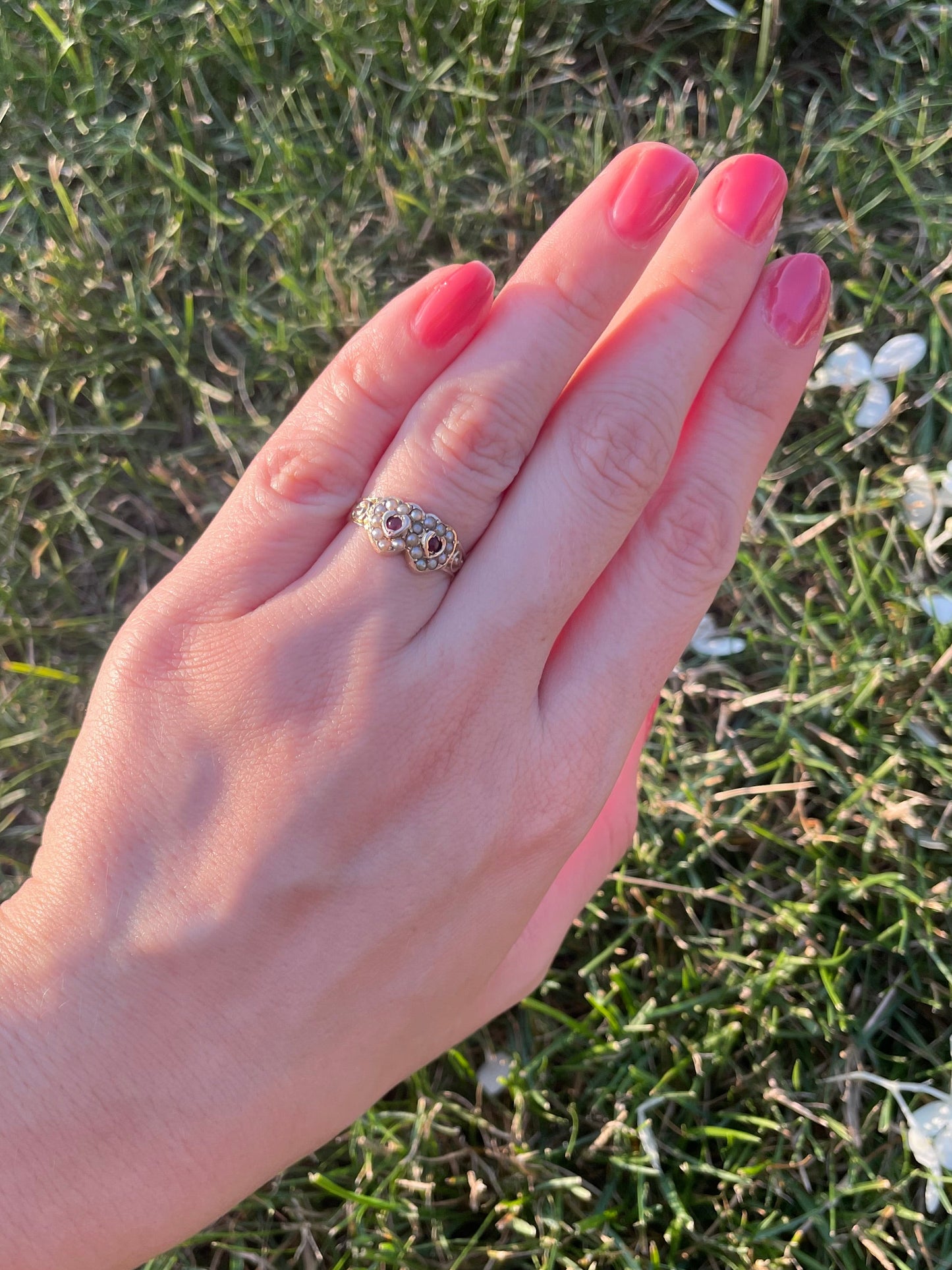 Victorian Garnet & Pearl Double Heart Sweethearts Ring