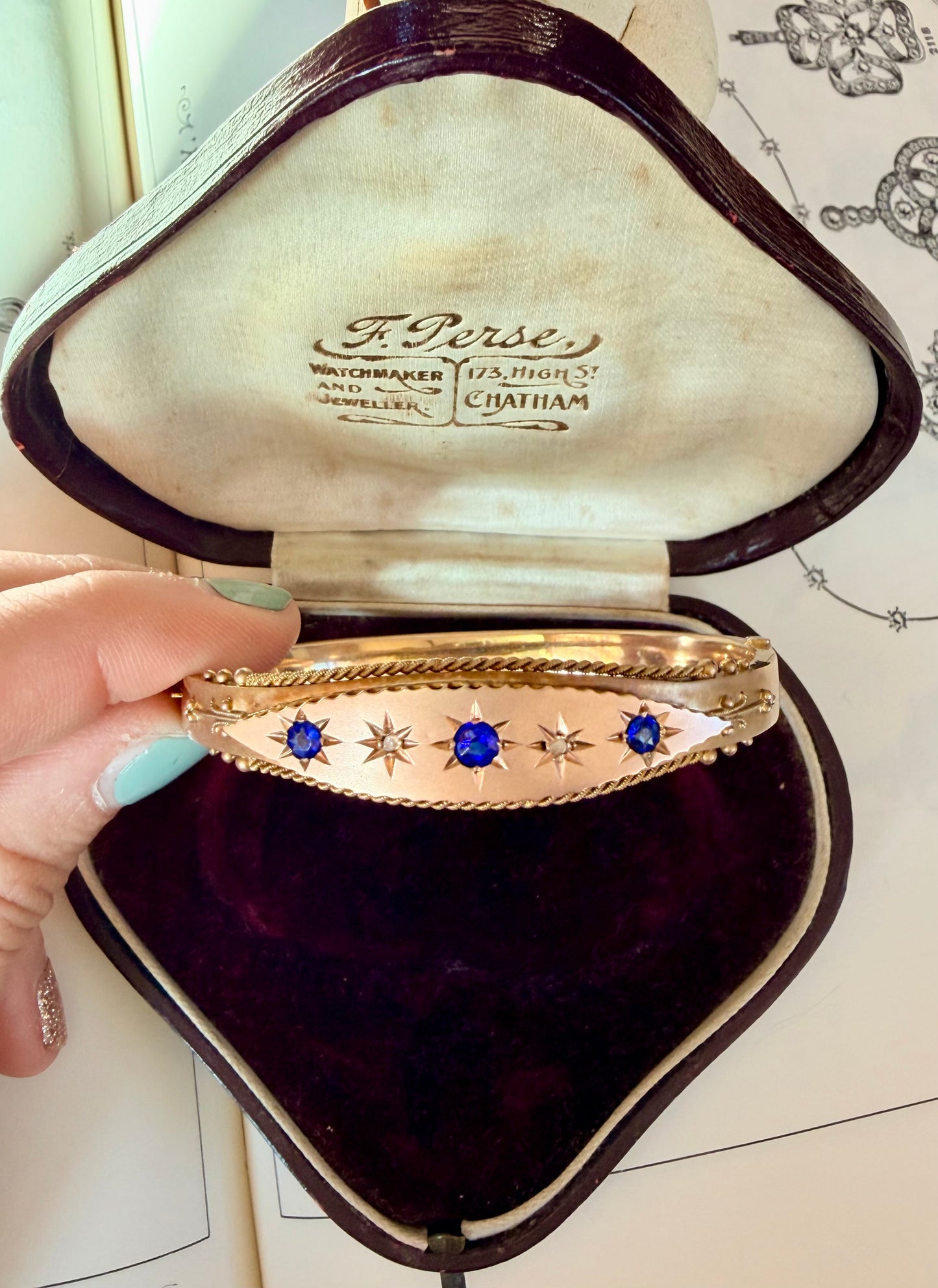 Edwardian 9k Rose Gold Sapphire & Diamond Bangle