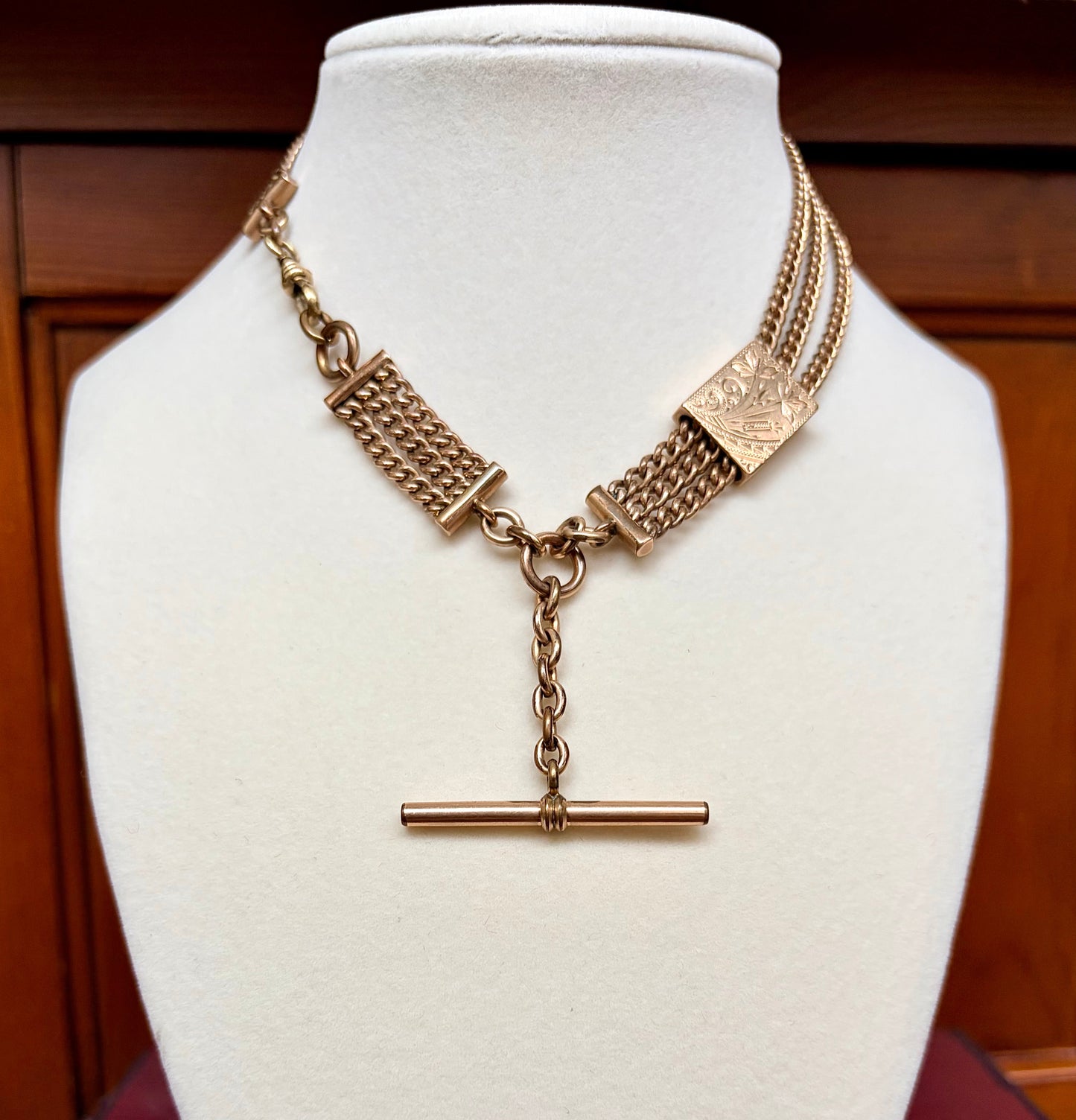 Late Victorian Watch Chain with 10k Gold Hand-Chased Slide