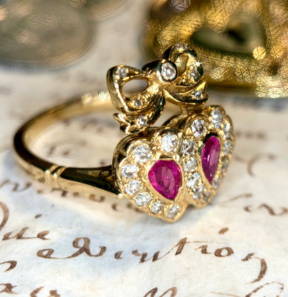 The Flaming Hearts Ring ~ Victorian Style Pink Sapphire Crowned Double Heart Ring