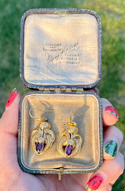 Victorian Etruscan Revival Rhodolite Garnet 18k Gold Earrings