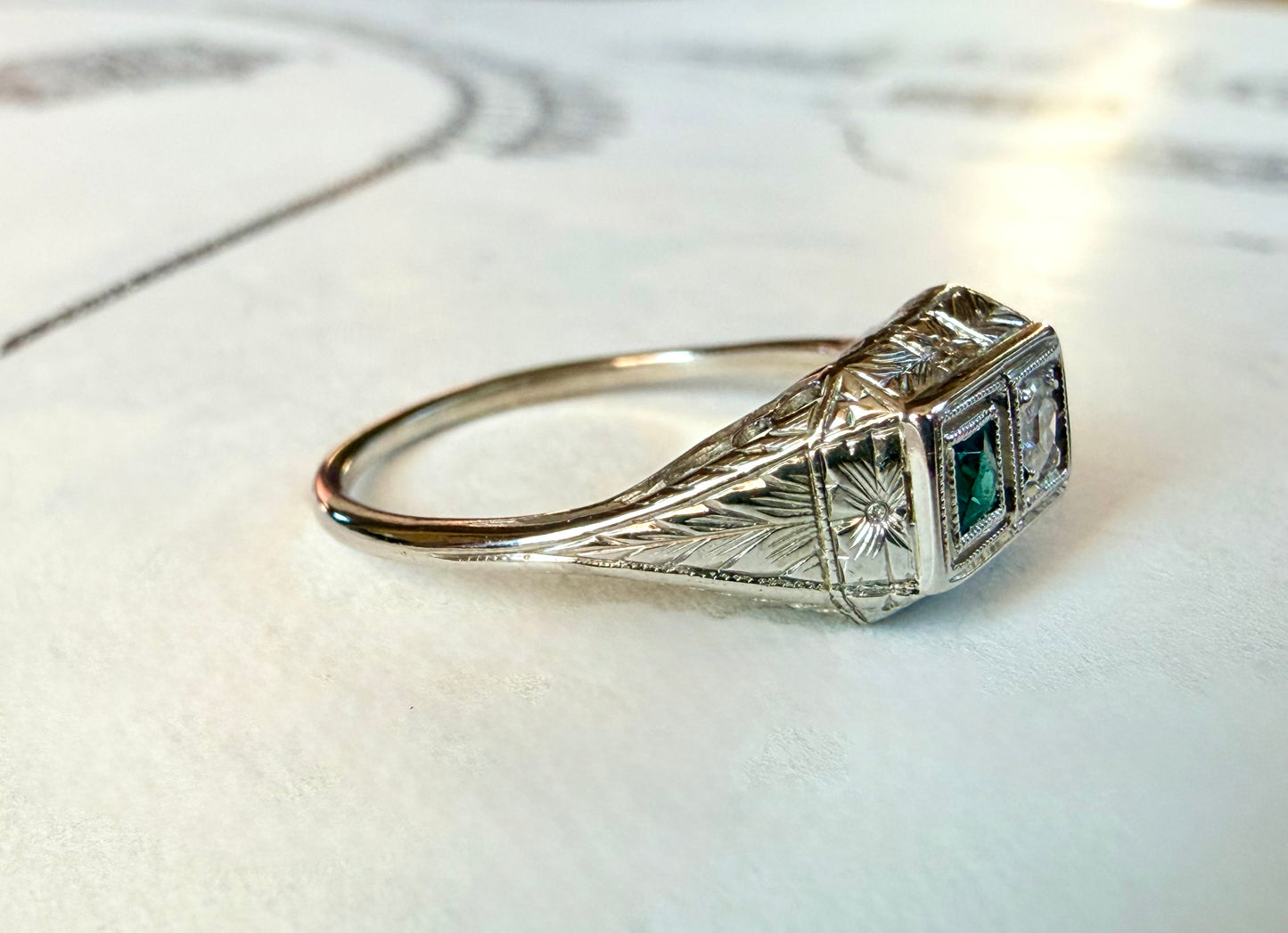 Art Deco Toi et Moi Emerald & Diamond 18k White Gold Ring