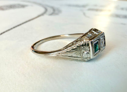 Art Deco Toi et Moi Emerald & Diamond 18k White Gold Ring