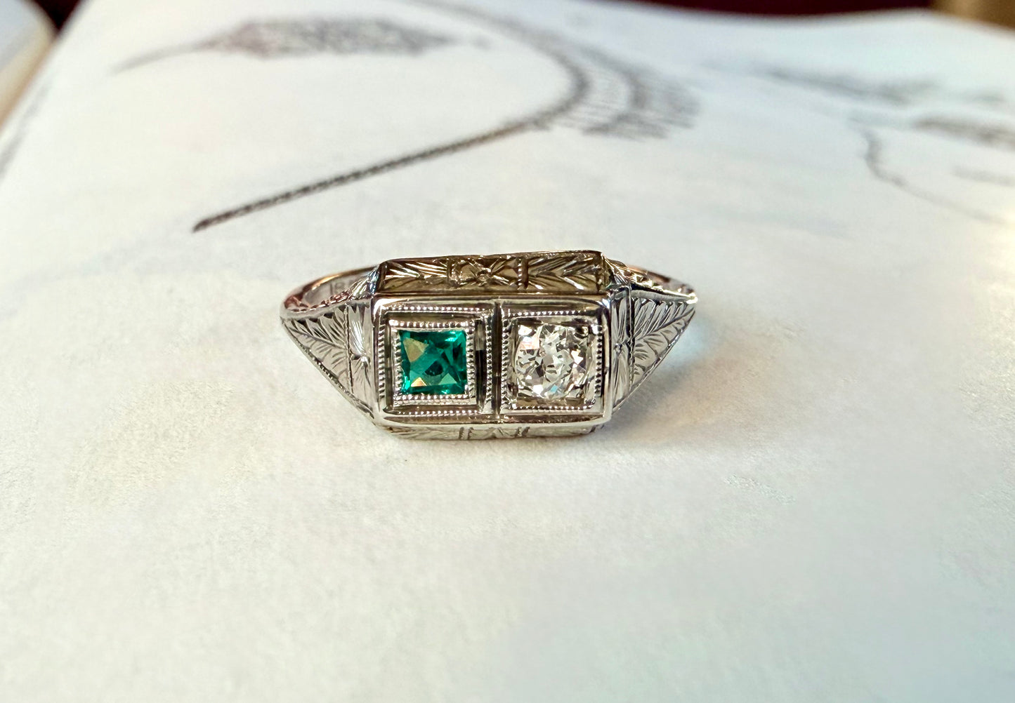 Art Deco Toi et Moi Emerald & Diamond 18k White Gold Ring