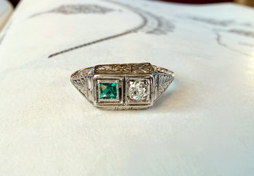 Art Deco Toi et Moi Emerald & Diamond 18k White Gold Ring