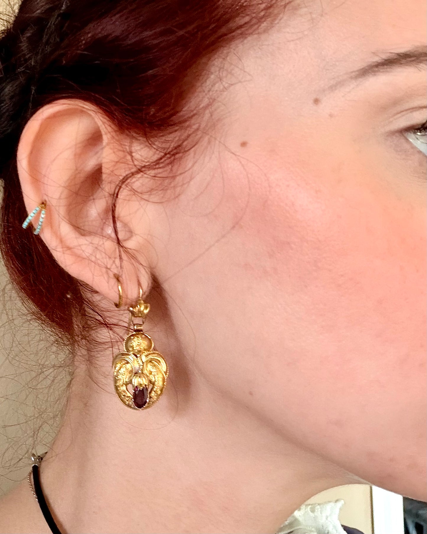 Victorian Etruscan Revival Rhodolite Garnet 18k Gold Earrings