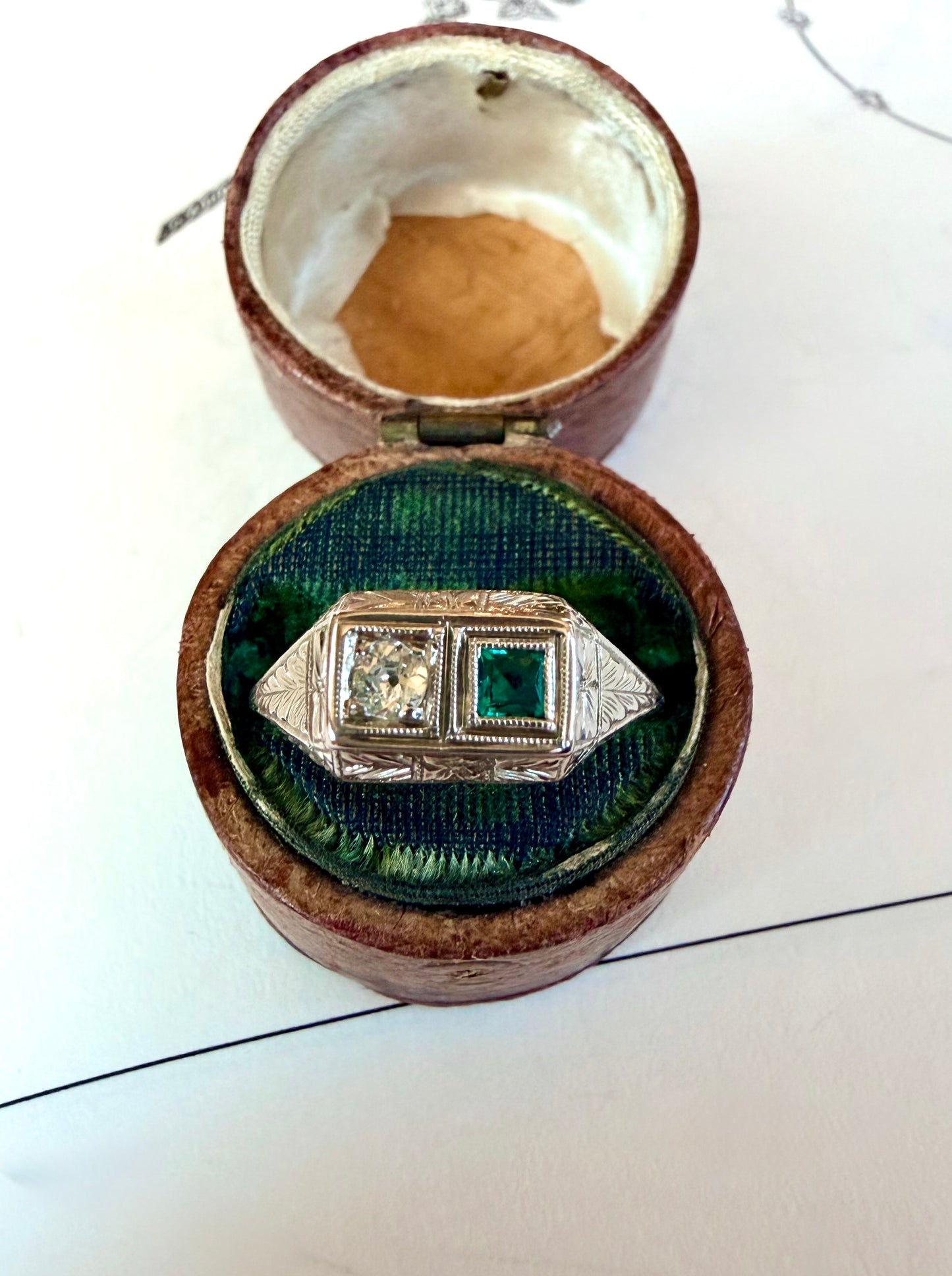 Art Deco Toi et Moi Emerald & Diamond 18k White Gold Ring