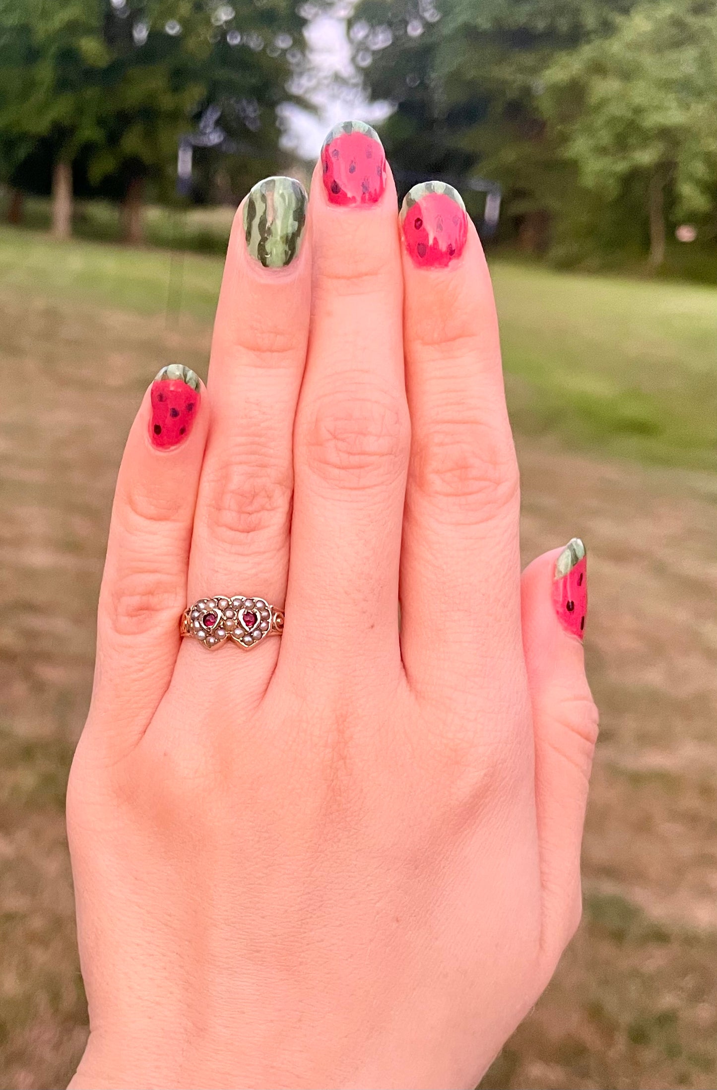 Victorian Garnet & Pearl Double Heart Sweethearts Ring