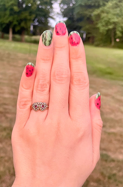 Victorian Garnet & Pearl Double Heart Sweethearts Ring