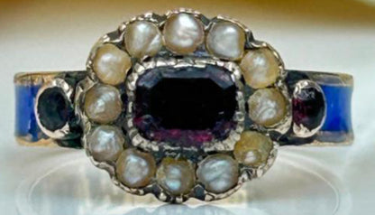 Georgian Blue Enamel & Purple Garnet Seed Pearl Ring