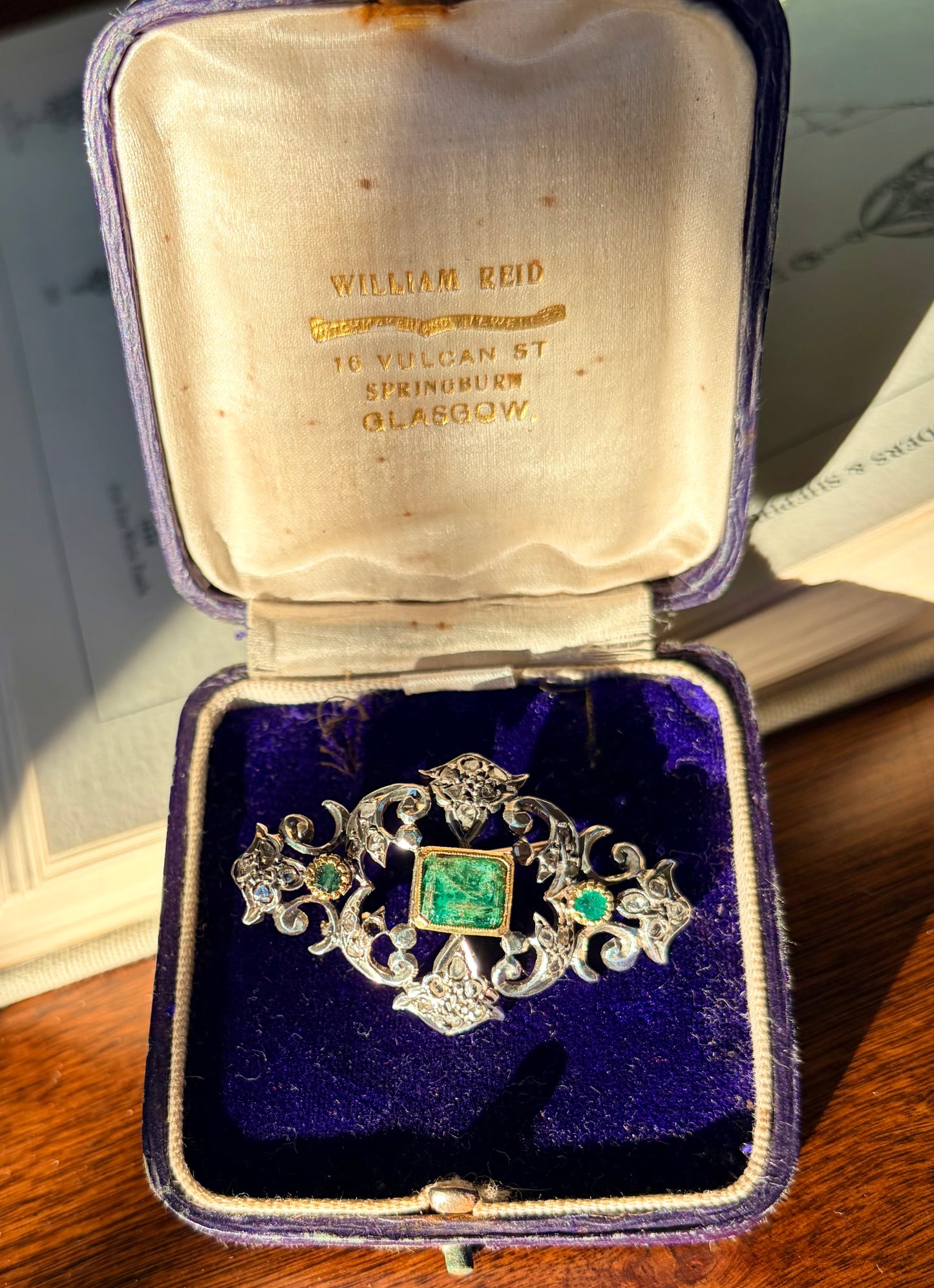 Emerald & Rose Cut Diamond Brooch