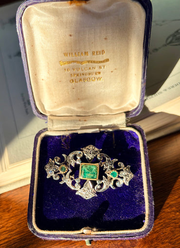 Emerald & Rose Cut Diamond Brooch